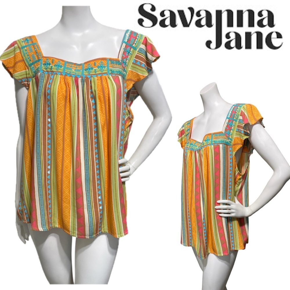 SAVANNAH JANE Aztec Embroidered Multi-color Striped Short Sleeve Tunic Top Large